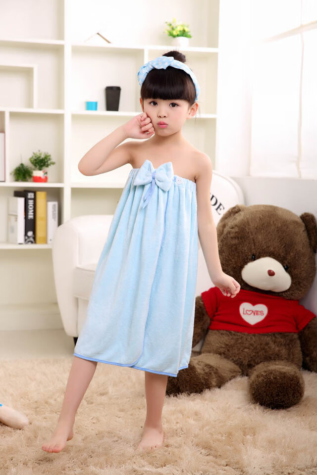 穿浴巾女比纯棉吸水柔软抹胸浴裙不掉毛女童可爱浴袍幺丫 浅粉色 小版