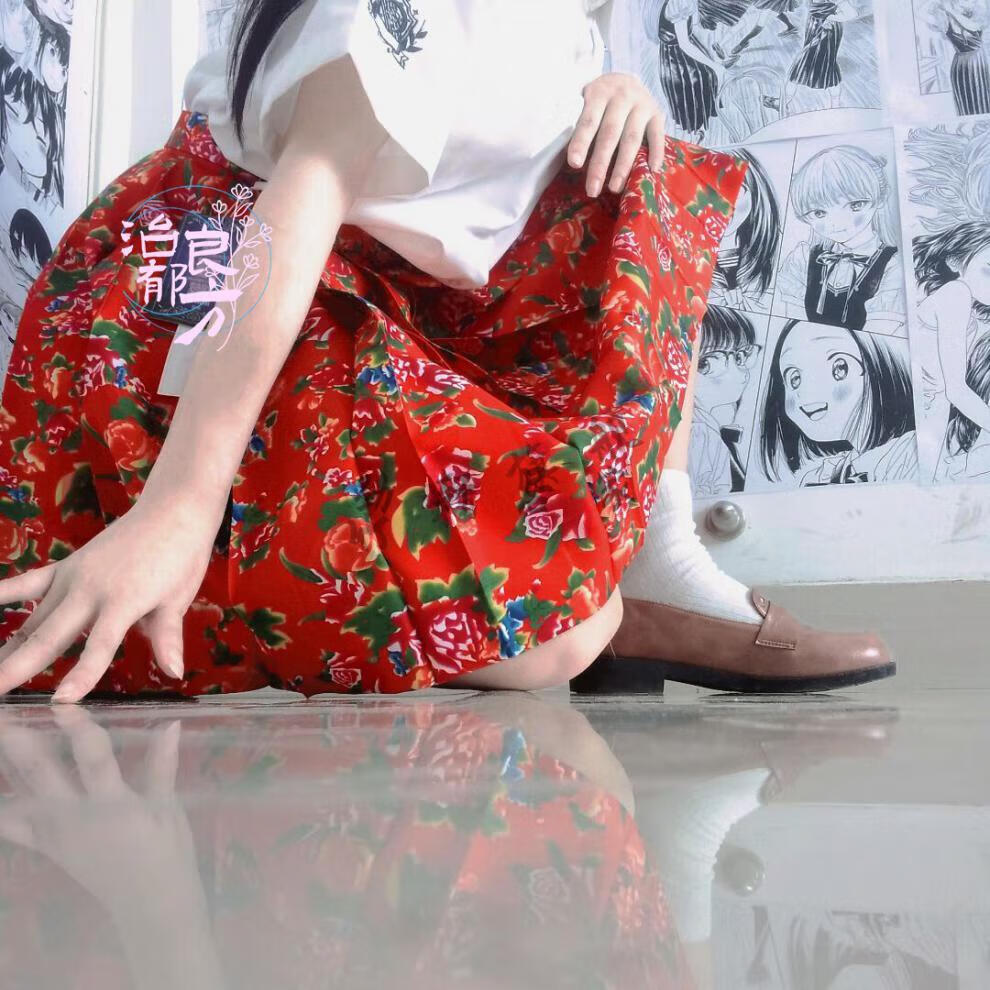 东北大花裙子jk国风东北大花红绿拜年百褶jk中长裙 芍药(绿)45cm s