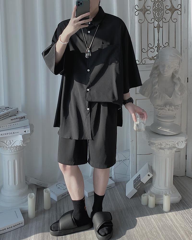 啄木鸟22年新款日系风格穿搭原宿风冰感短袖衬衫设计感男装高级慵懒风