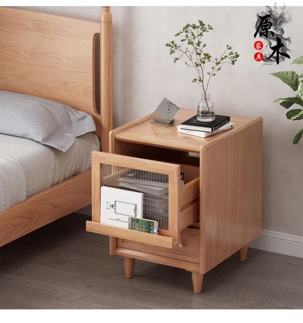 简易床头柜简约原木床头柜北欧实木日式简约卧室民宿床边简易小型藤编