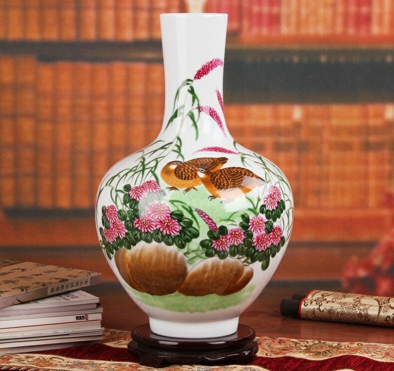 青之舞收藏瓷胡慧中作品景德镇陶瓷器花瓶高档礼品瓷手绘鹌鹑天球瓶