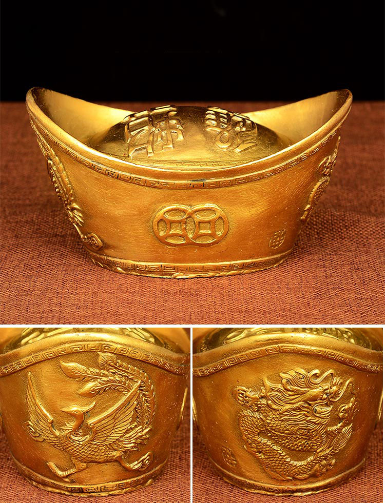 黄铜元宝实心摆件大小号仿真金元宝窗台金条金砖工艺品