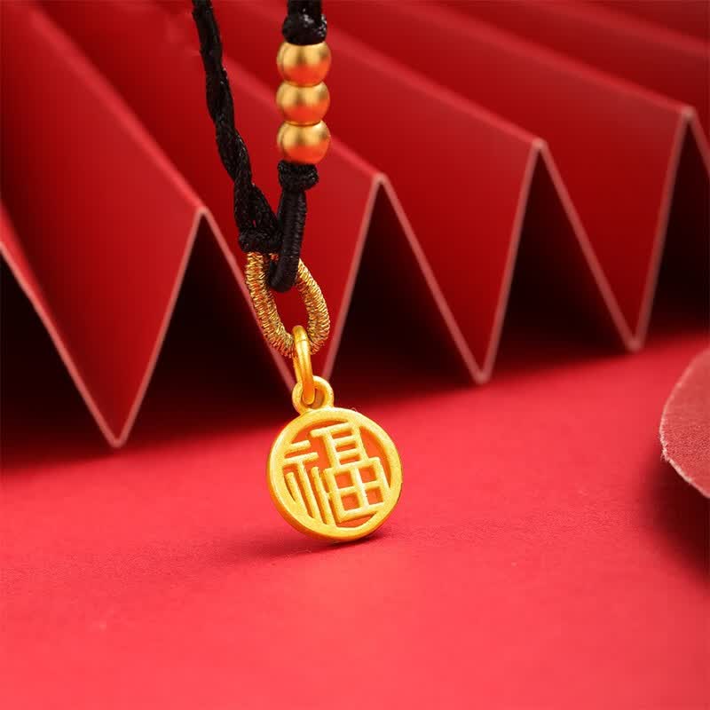 老凤凰黄金项链女小福牌吊坠纯手工编织999足金福字小金珠首饰送女
