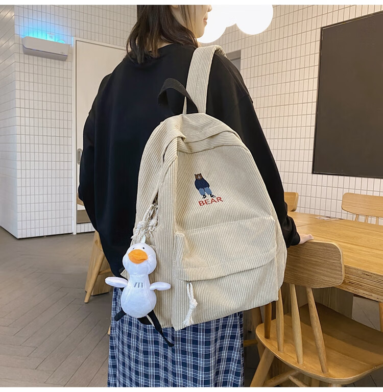 仓梵ins风灯芯绒书包女韩版初中高中大学生双肩包日系少女心可爱森系