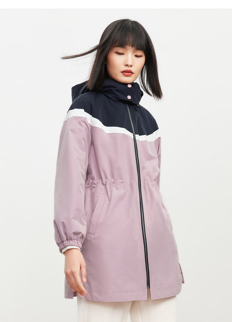juzui玖姿春季新款休闲运动风时尚连帽撞色宽松抽绳女薄外套粉紫xs