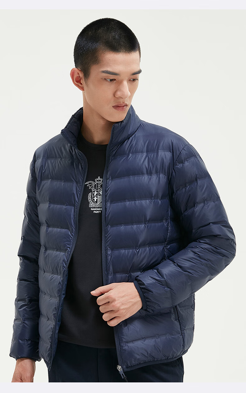 edenbo爱登堡男装秋冬新款羽绒服男加厚立领纯色百搭羽绒服外套深蓝色