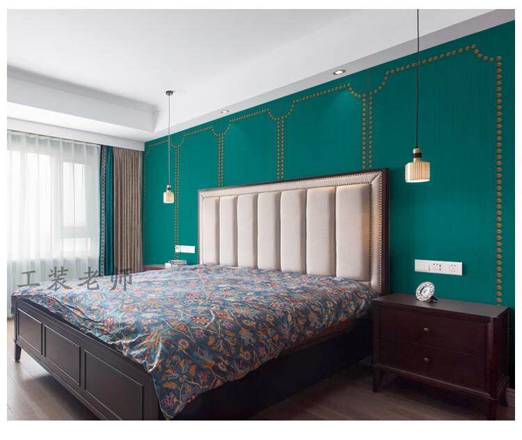 美式孔雀蓝墙布无缝 孔雀蓝色背景墙壁纸 轻奢客厅沙发电视墙纸现代