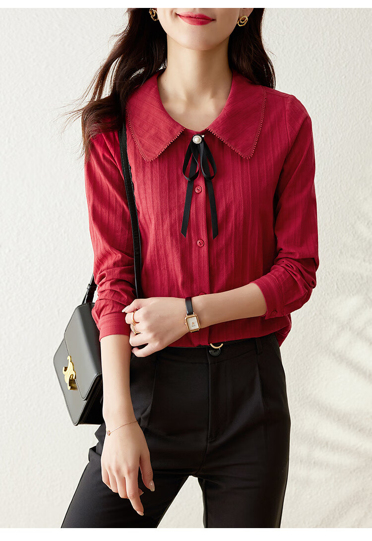 熙世界过年衣服女红色衬衫洋气时尚简约春新款复古翻领纯棉衬衣复古红