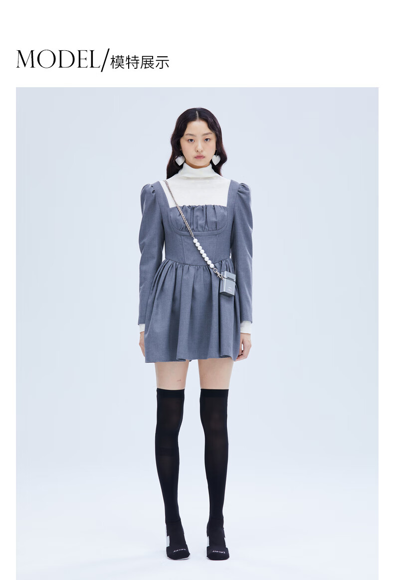 revan芮范2021冬季设计师款甜酷方领百褶长袖连衣裙浅灰s36