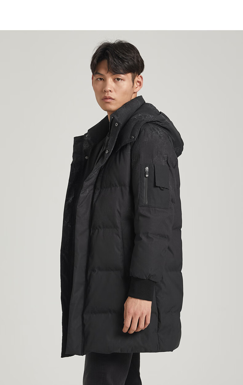利郎羽绒服男2021冬装新款口袋装饰时尚连帽暗纹90%白鸭绒中长款羽绒