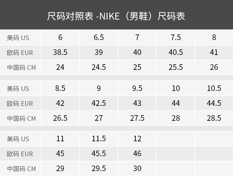 nike男鞋尺码对照表图片