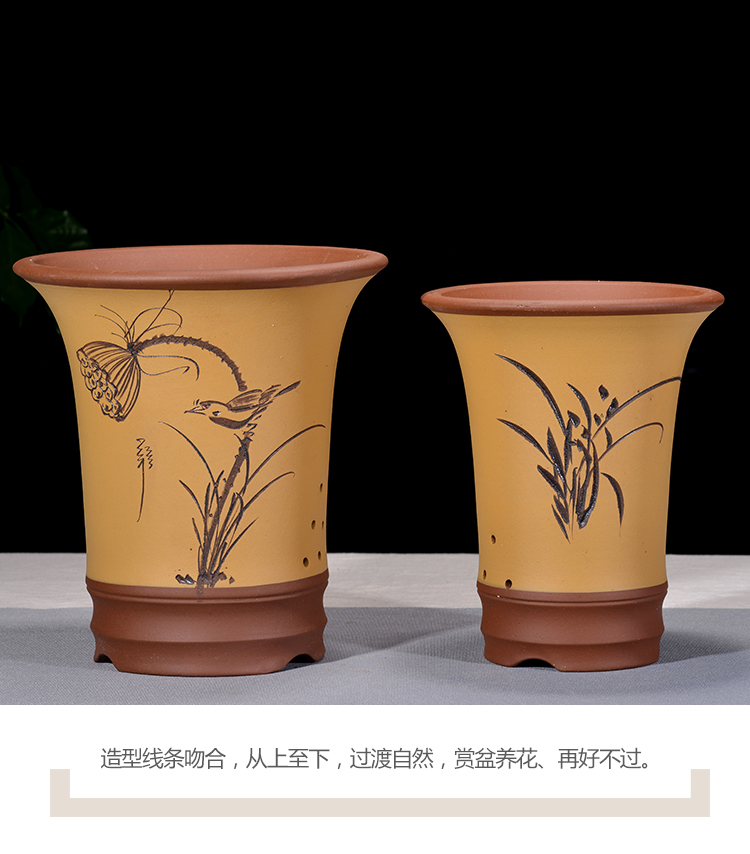 宜兴紫砂花盆吊兰花盆兰花花盆专用盆君子兰陶瓷花盆特价清仓蓝色秦