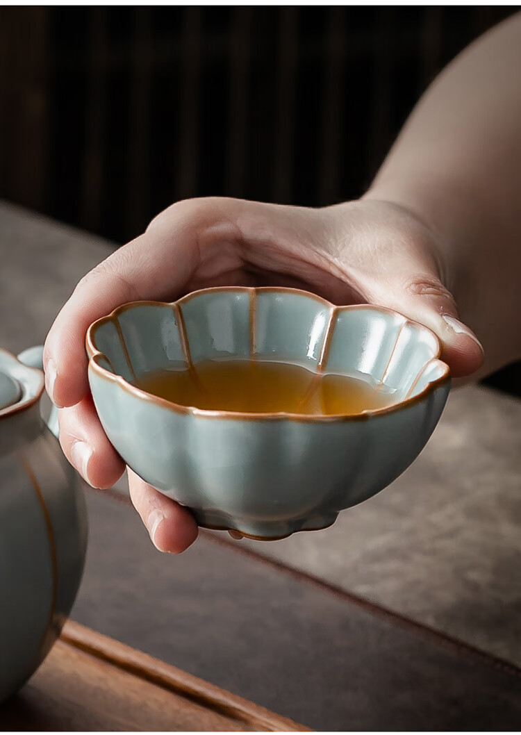 景烨邱卫国柏韵汝窑一壶一杯带胡桃木托盘开片汝瓷冰裂功夫茶具茶壶