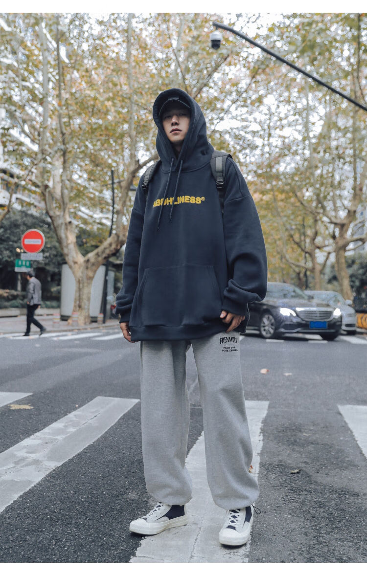精品连帽卫衣男纯棉字母宽松连帽卫衣男士上衣2021秋冬新款潮牌套头