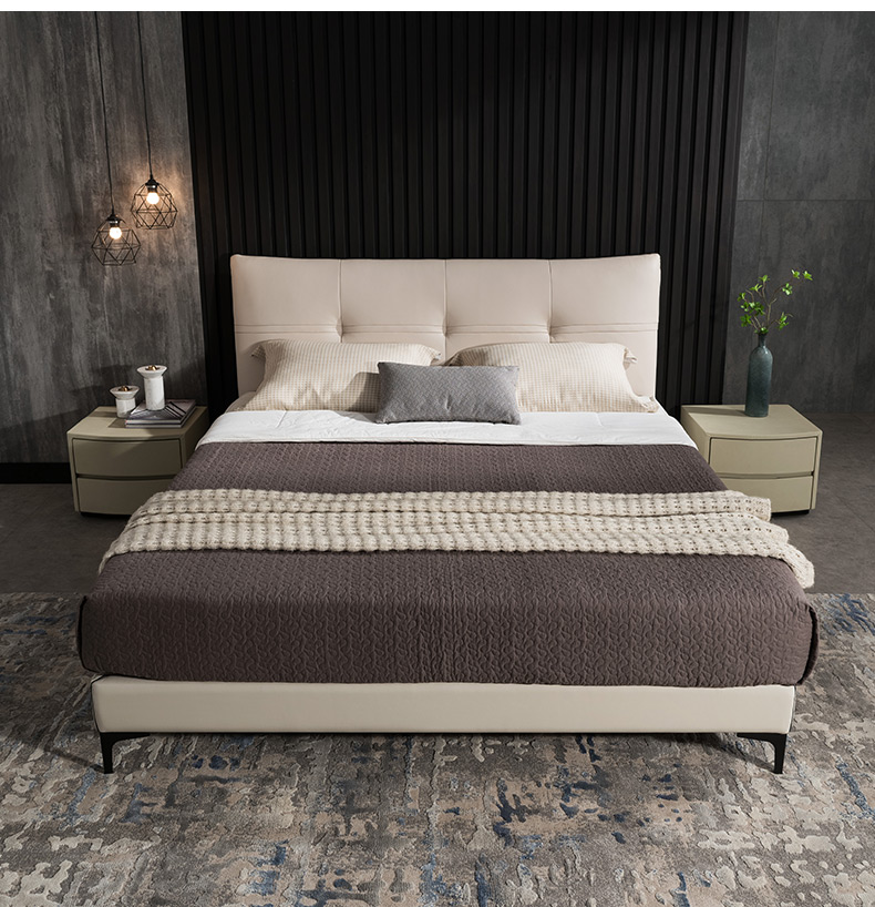 慕思真皮床艾慕现代简约实木软包头层牛皮婚庆双人卧室家具皮艺床米色