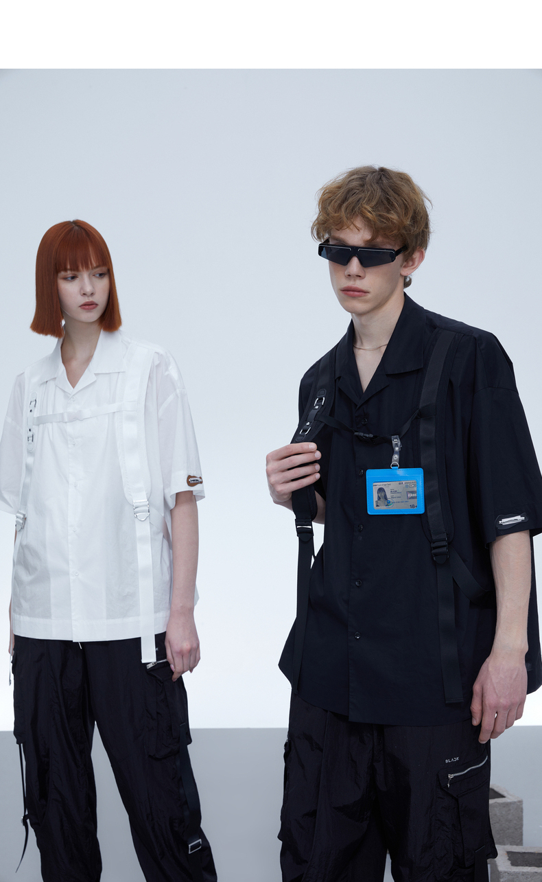 bosie2021年夏季新款背带元素衬衫机能风情侣男衬衣黑色xs