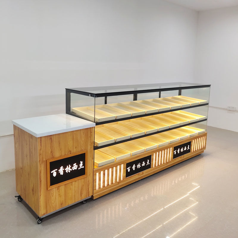 实木中式糕点柜面包桃酥柜弧形转角制冷藏烘焙店展示柜台 300*65*110*