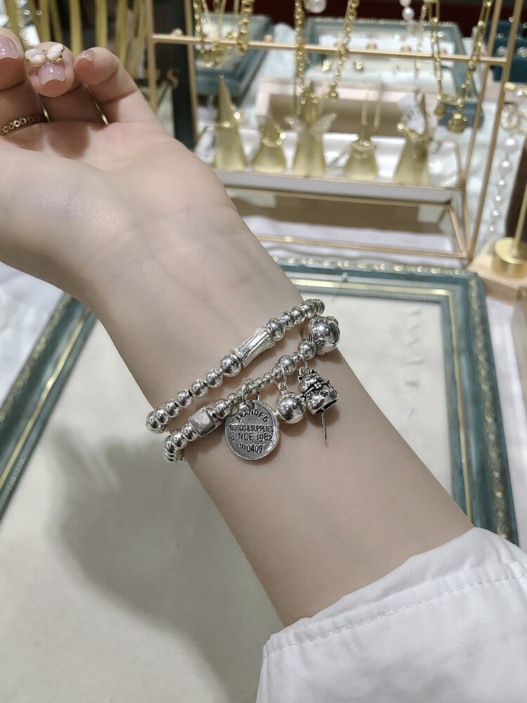 老凤祥款式 s925银复古多层银饰招财猫圆牌银珠手链百搭串珠手串礼物