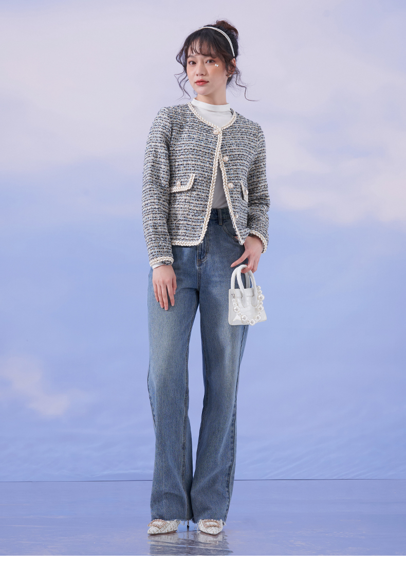 热风2021年新款秋冬女士编织粗花呢小香风短外套14粉红s