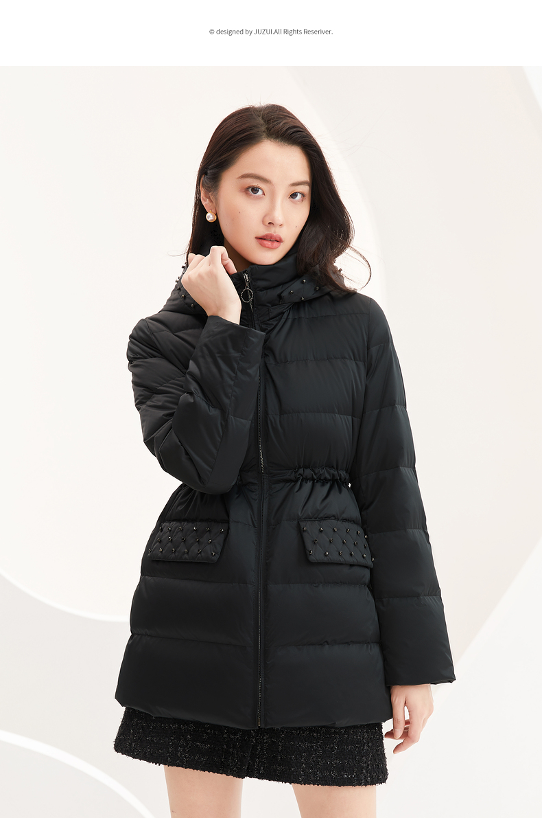 玖姿2021冬季新款连帽立领钉钻一手长休闲女羽绒服外套浅蓝灰2xl