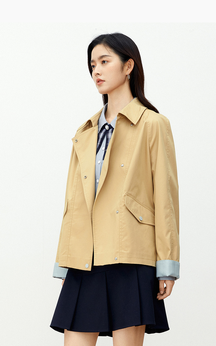 诗凡黎风衣外套女装2021年新款秋冬翻领高级感短款大衣3c8262741 米