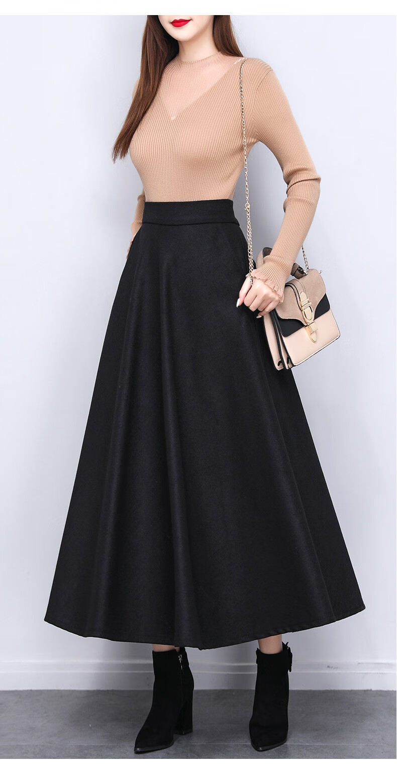 罗蒙romon轻奢高端轻奢高档半身裙秋冬显瘦a字半身长裙大摆冬裙黑色毛