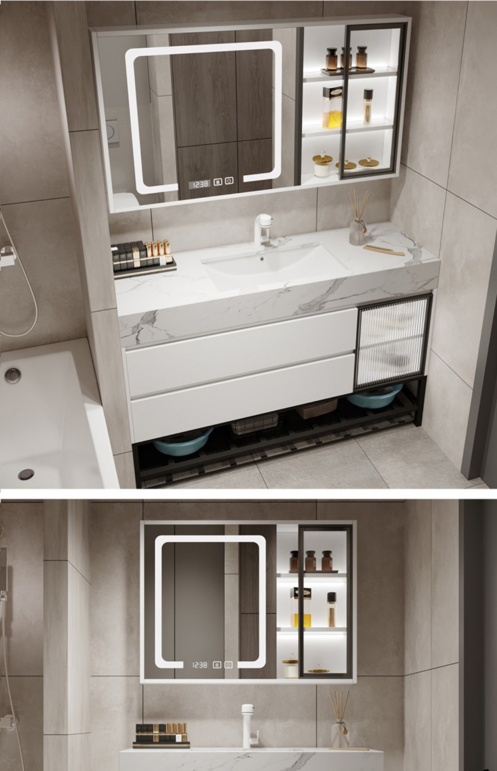 门洗手洗脸盆柜岩板洗漱台120落地智能镜柜照明除雾升降抽拉旋转龙头