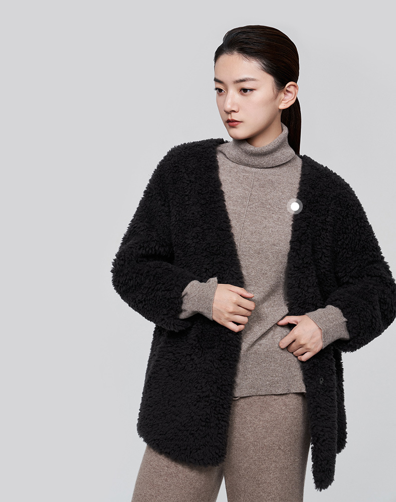 商场同款naivee纳薇冬季新款复古v领纯羊毛羊羔毛皮草外套配腰带棕灰