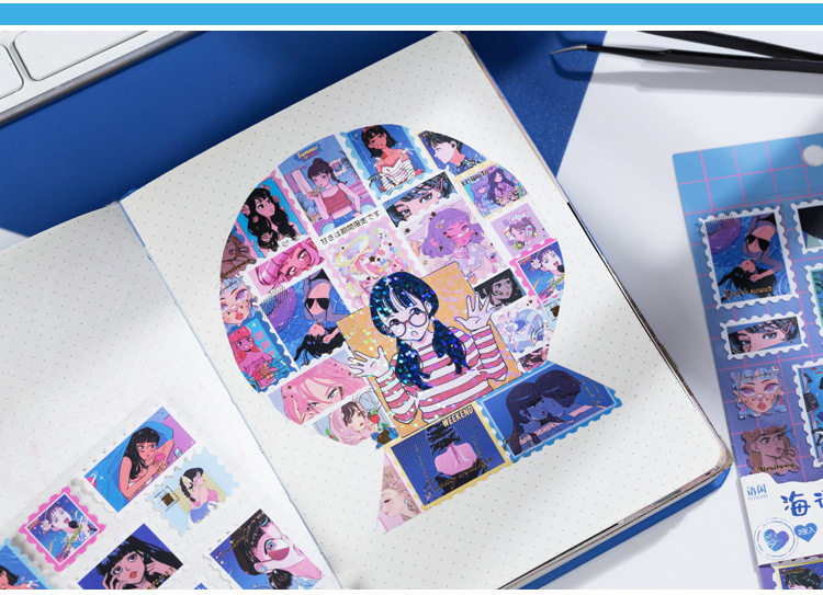 语闲烫金贴纸微醺电台系列漫画少女人物手帐素材装饰贴2张入6款樱花