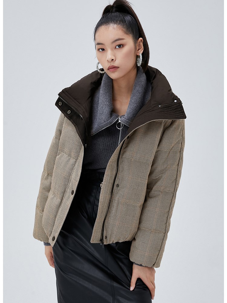 selected思莱德时髦短款立领保暖灰鸭绒羽绒服外套女s420112503卡其色