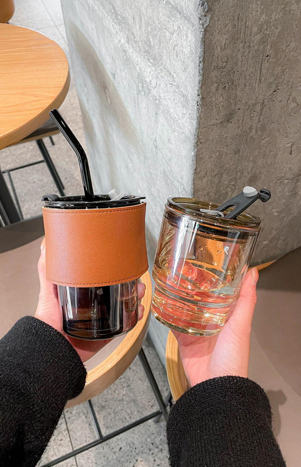 咖啡杯精致玻璃水杯高颜值吸管冷萃杯ins风感双饮口杯子茶色400ml送