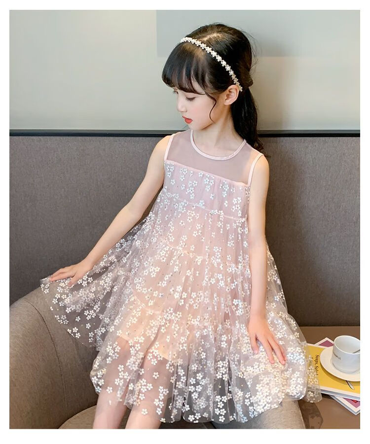 女童连衣裙夏网红洋气小女孩裙子12岁女生穿的裙子儿童公主裙7岁 灰色