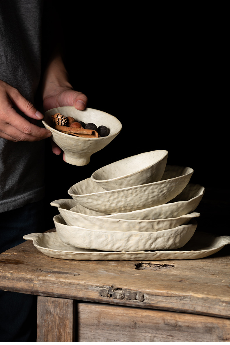 白色粗陶果盘餐具景德镇纯手工捏餐盘果盘碗碟水果摆放粗陶盘子10寸手