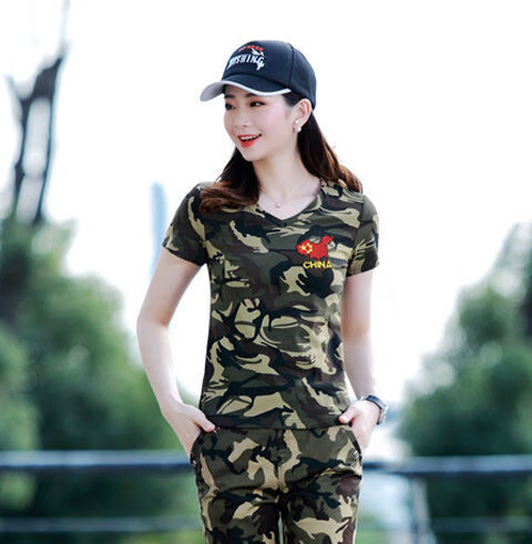 网红款夏季迷彩服女装短袖上衣全棉薄款弹力体恤宽松大码休闲水兵舞蹈