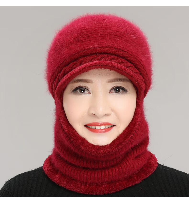 仰亲风雪帽老年人冬天保暖女人针织毛线帽连体加厚绒护耳 灰色_加长款