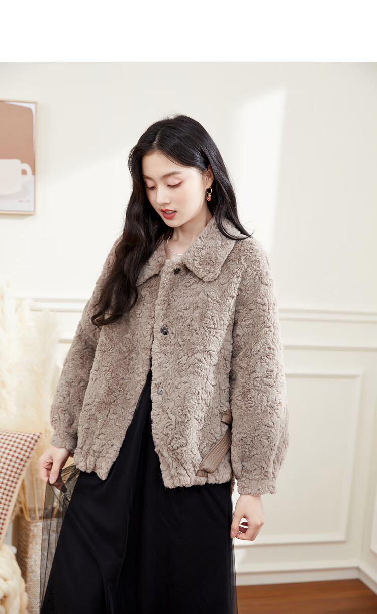 秋水伊人麂皮颗粒绒短外套2021年冬装新款女装蝴蝶结皮毛一体保暖咖啡