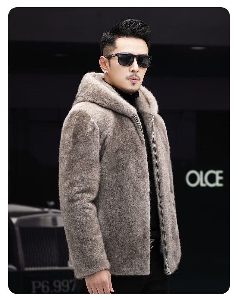 澳鲨迪冬季连帽貂皮大衣男士整貂短款裘皮外套天鹅绒母貂进口北美水貂