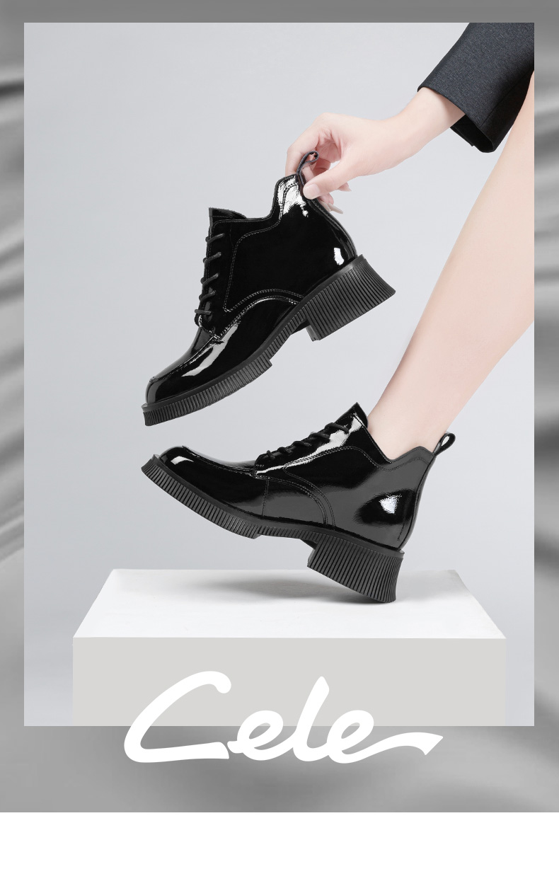 cele策乐马丁靴女皮靴2021秋冬季新款个性侧拉链女鞋厚底百搭短靴黑色