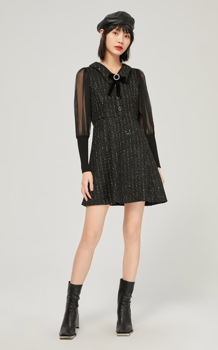 only2021冬季新款小香风气质收腰长袖拼接连衣裙女121307160h1z黑色