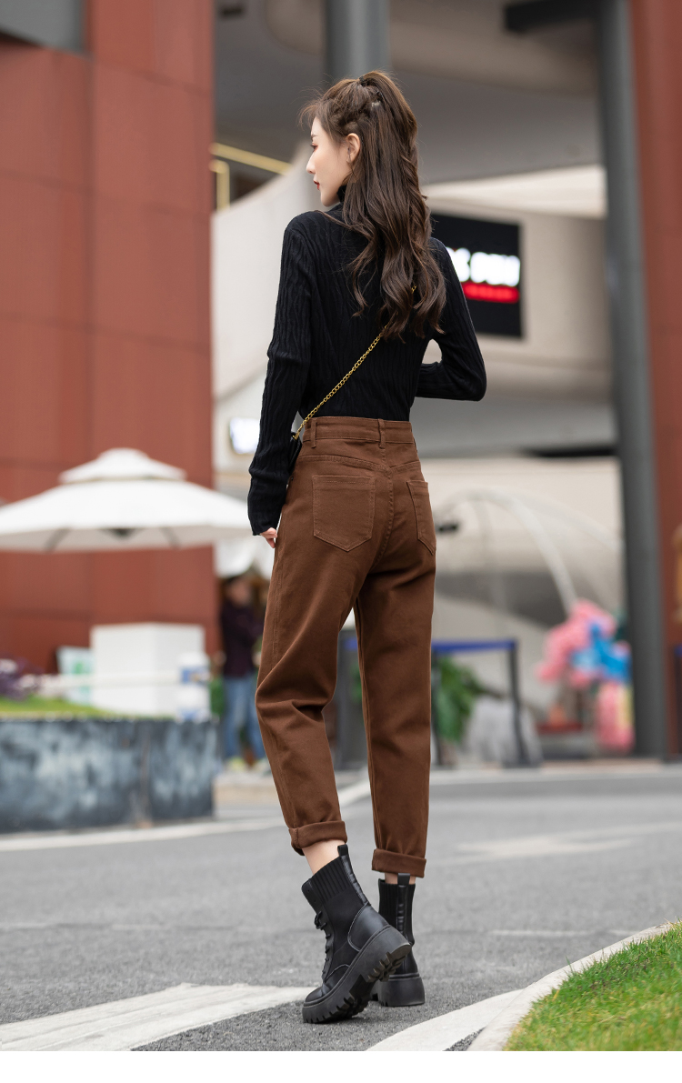 朵世界咖啡色牛仔裤女秋冬2021年新款加绒加厚洋气直筒老爹裤显瘦休闲