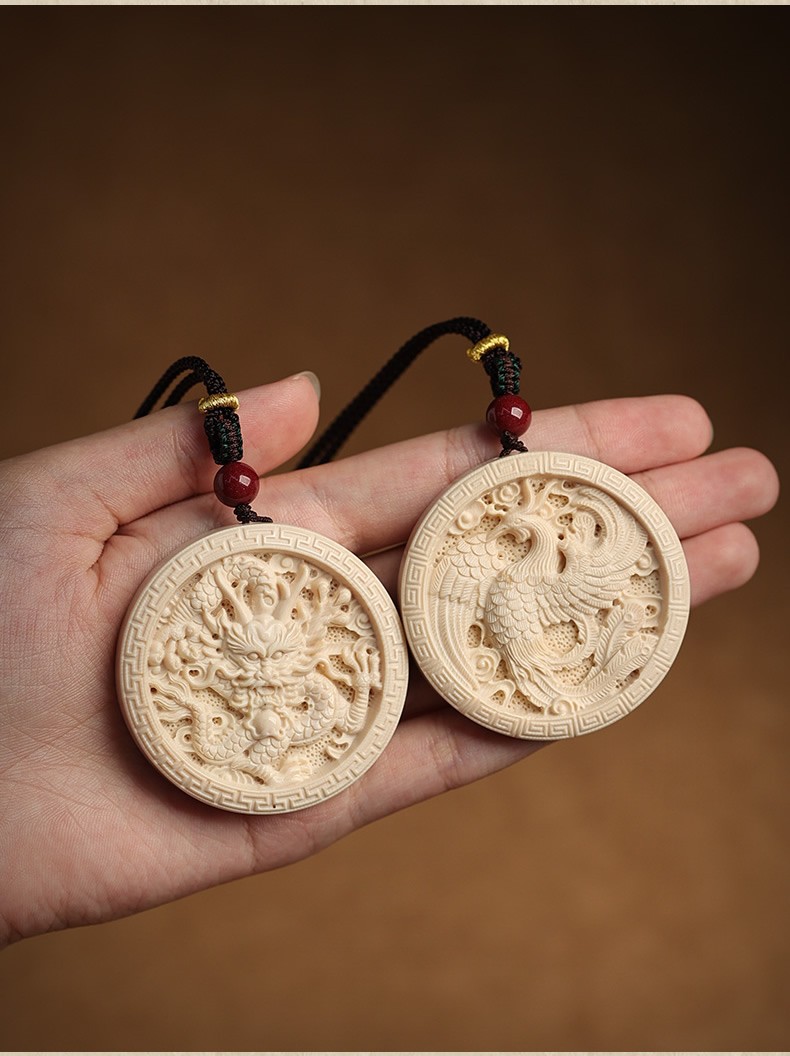 轩野猛犸象牙龙凤牌雕刻吊坠挂件男女士旗袍汉服配饰挂坠情侣项链dz50