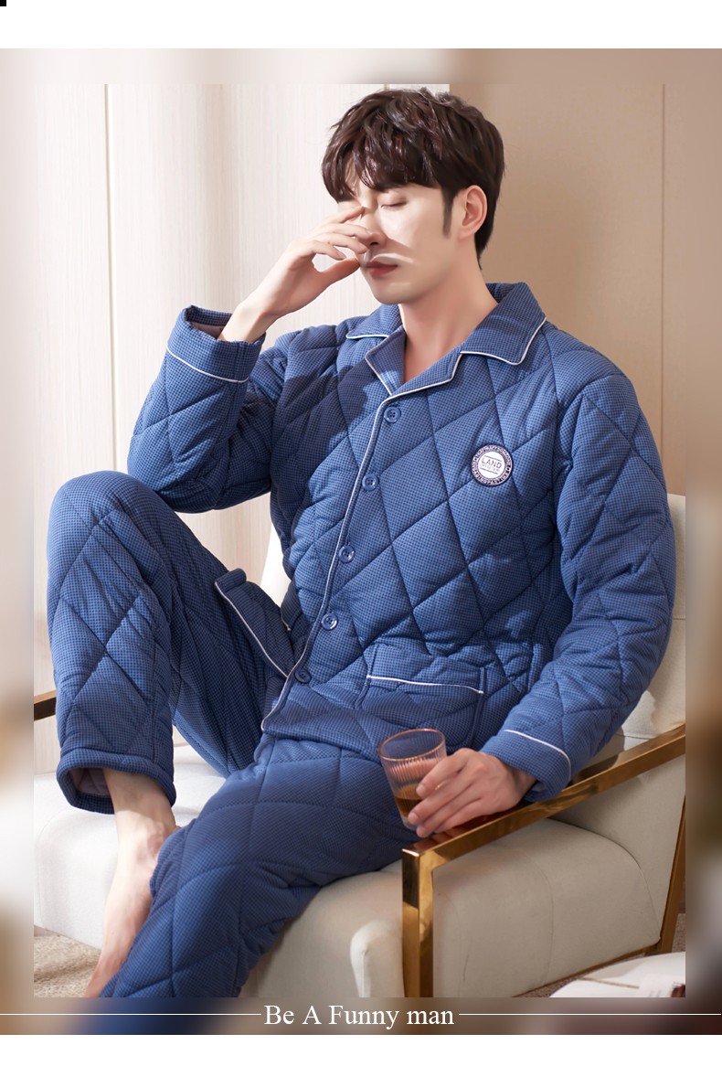 猫人冬季纯棉睡衣男士格子三层加厚夹丝棉家居服男秋冬季棉袄居家服