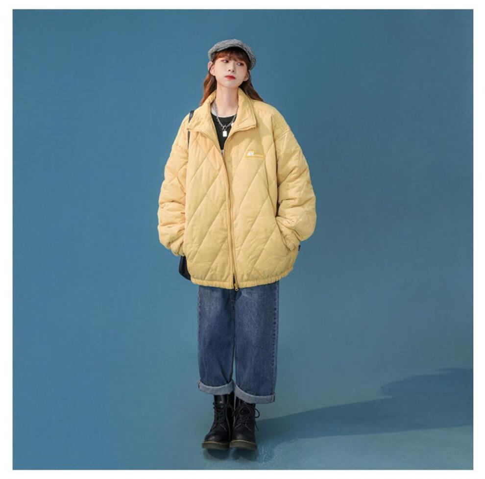 125954-奶黄色棉服女chic韩风冬季加厚菱格外套2021新款oversize立领棉衣 绿色 L-详情图
