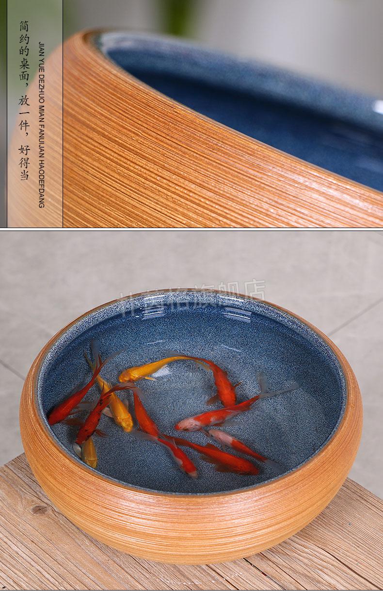 鱼缸现代手工拉丝瓷盆乌龟缸睡莲荷花盆碗莲缸养金鱼盆青釉23x23x12cm