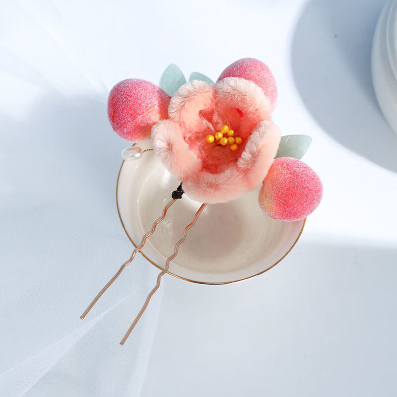 beauty汉服发夹桃气绒花桃子头饰少女可爱对夹古风饰品明制边夹配饰