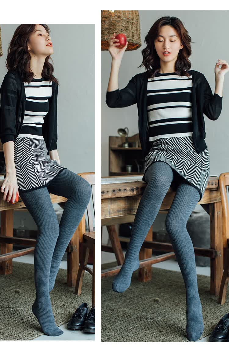 欧凡迪羊毛连裤袜秋冬季打底裤女加绒加厚丝袜显瘦竖条纹外穿灰色春秋