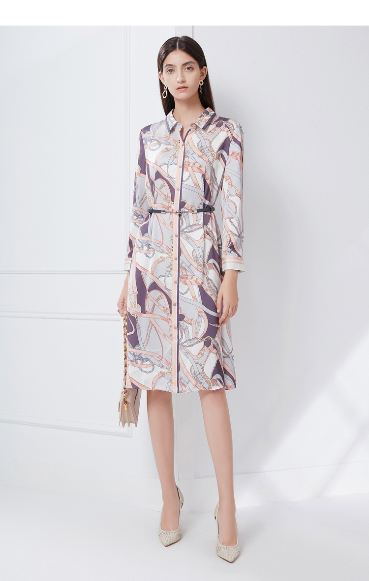 卡迪黛尔法式印花中长款收腰系带时尚气质连衣裙女春季秋季新款柔灰s