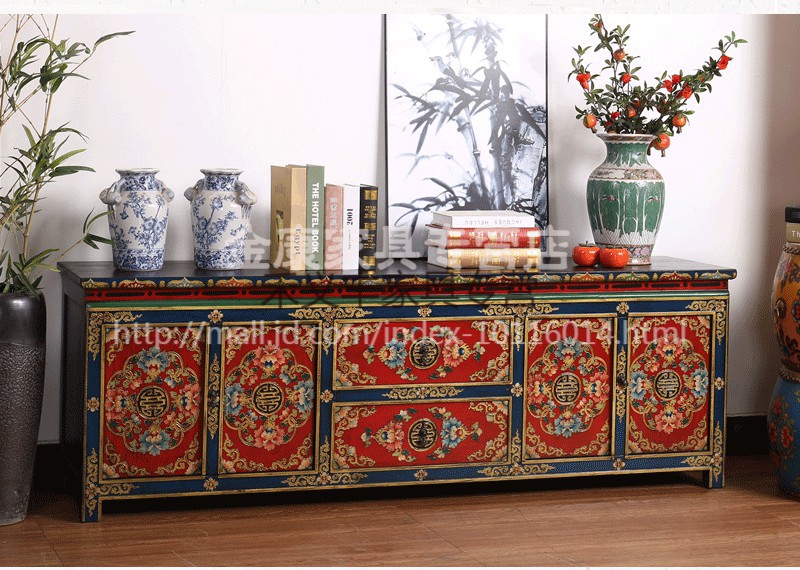 navcon新中式彩绘电视柜实木西藏式家具仿古做旧地柜客厅柜储物装饰柜
