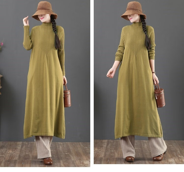 子牧棉麻秋冬装女文艺复古针织连衣裙宽松时尚休闲长袖打底毛衣裙0988
