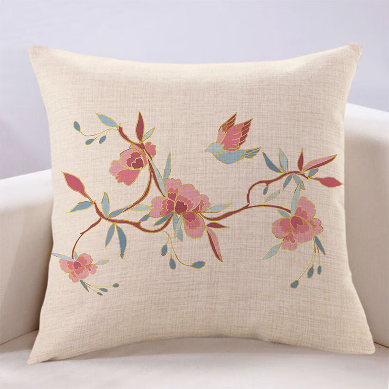万燊古风汉服创意国潮抱枕花鸟图案亚麻沙发靠垫现代卧室飘窗床上靠背